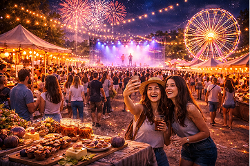Duas jovens sorridentes tirando uma selfie em uma feira noturna, com fogos de artifício iluminando o céu, roda-gigante colorida ao fundo e mesas com doces de figo em destaque.