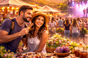 Casal sorridente em primeiro plano numa feira gastronómica ao ar livre, com uma mesa farta de doces de figo e multidão ao fundo.