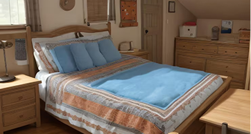 Quarto de pousada com decoração rústica em madeira, apresentando uma cama de casal com enxoval em tons de azul e laranja, móveis clássicos e iluminação suave.