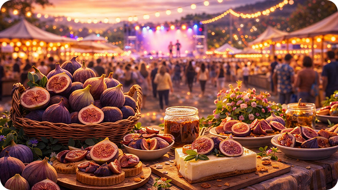 Primeiro plano detalhado de uma mesa festiva com cestas de figos roxos inteiros, tigelas com figos cortados, tortas individuais e potes de geleia, com um festival iluminado e palco ao fundo durante o pôr do sol.