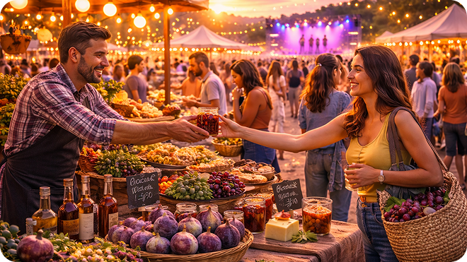 Fotografia vibrante de uma feira ao ar livre durante o pôr do sol, mostrando um feirante entregando um pote de geleia a uma cliente sorridente, com cestas repletas de figos roxos e outros produtos artesanais em destaque no primeiro plano.