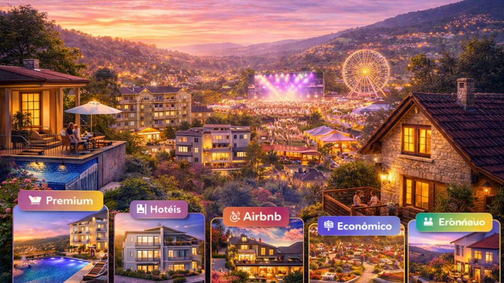 Imagem panorâmica de uma vila em vale com um festival iluminado e roda-gigante ao fundo durante o pôr do sol. Abaixo, há um grid com cinco cards ilustrados com fotos de acomodações e ícones de tags coloridas no topo. Da esquerda para a direita, as tags dizem: "Premium" (com ícone de cama), "Hotéis" (com ícone de prédio), "Airbnb" (com ícone de logo), "Econômico" (com ícone de guarda-chuva/cadeira de praia), e "Erónńauo" (com ícone de duas pessoas).