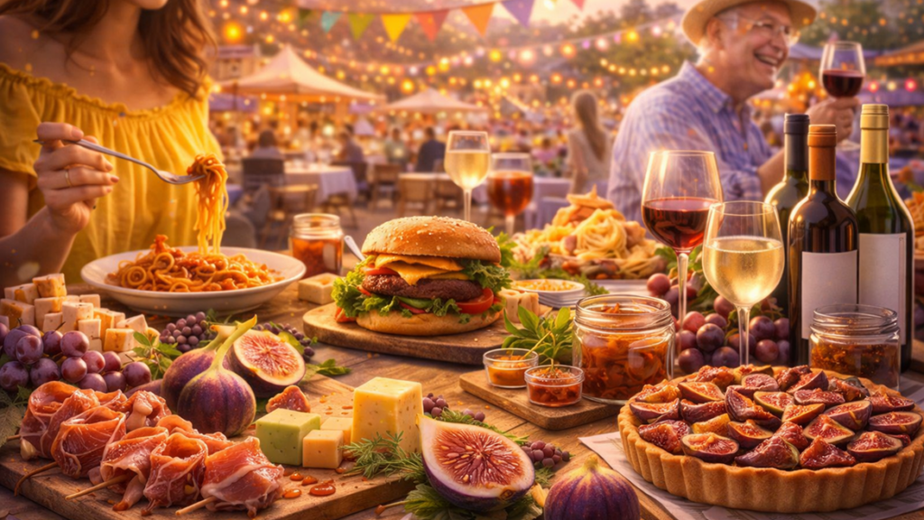 Casal de idosos sorrindo em uma banca de frutas na Festa do Figo, segurando uma cesta com figos frescos, com a feira movimentada ao fundo sob luz suave.