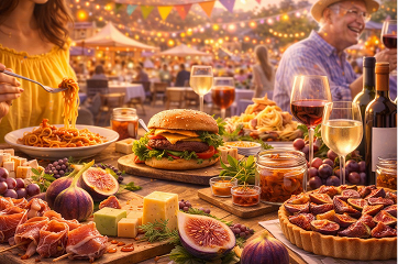 Casal de idosos sorrindo em uma banca de frutas na Festa do Figo, segurando uma cesta com figos frescos, com a feira movimentada ao fundo sob luz suave.