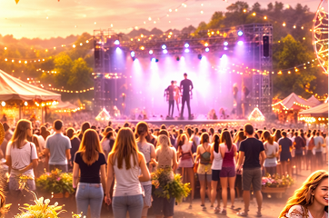 Grande multidão de costas assistindo a um show em um palco iluminado com luzes roxas e brancas, durante o entardecer em um festival ao ar livre.